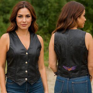 100% Leather Black Moto Biker Vest with Side Lacing Sz Large NEW